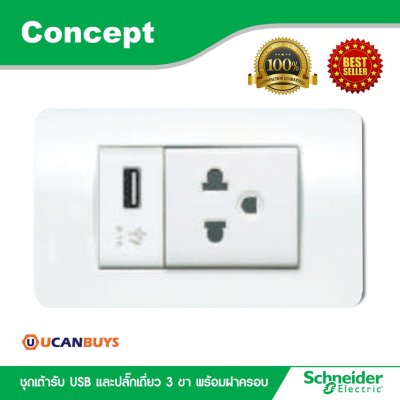 Schneider ชุดเต้ารับ USB 2.1A ขนาด 1ช่อง + ปลั๊กเดี่ยว + ฝาครอบ รุ่น Concept