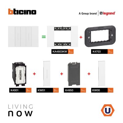 BTicino ชุดสวิตช์ทางเดียว 2 สวิตช์ พร้อมหน้ากากขนาด 3 ช่อง สีขาว 1 WAY Switch 2 modules, cover plate white | Living Now