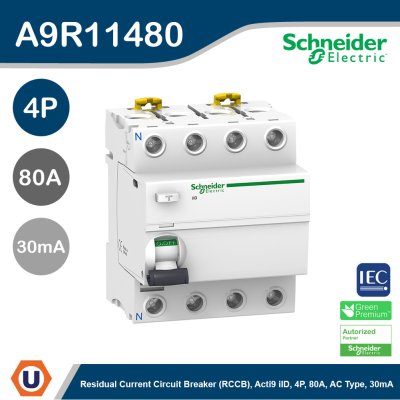 Schneider Electric Residual Current Circuit Breaker (RCCB) Acti9 iID 4P 80A AC Type 30mA | A9R11480