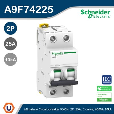 Schneider Electric Miniature circuit-breaker, Acti9 iC60N 6kA@400VAC, 2Pole, 25A | A9F74225