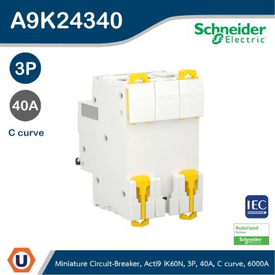 Schneider Electric Miniature Circuit-Breaker, Acti9 iK60N, 3P, 40 A, C Curve, 6000 A (IEC 60898-1) I A9K24340