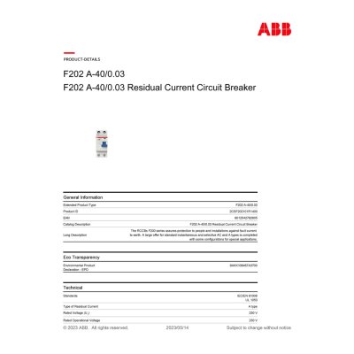 ABB F202 A-40/0.03 Residual Current Circuit Breaker (RCCB) 2P, TypeA, 30mA, 40A รุ่น F200 l 2CSF202101R1400