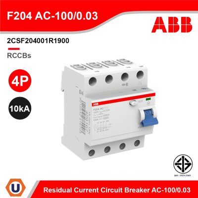 ABB 2CSF204001R1900 Residual Current Circuit Breaker (RCCB) 10kA AC-100/0.03 4P F204 AC-100/0.03