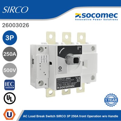 Socomec AC Load Break Switch SIRCO 3P 250A Front Operation w/o Handle | 26003026