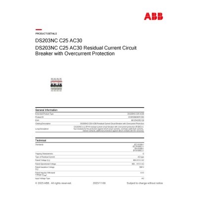 ABB อุปกรณ์ป้องกันไฟรั่วไฟดูด (RCBO) และกระแสไฟเกิน, 3P+N, 30mA, 25A รุ่น DS203NC C25 AC30 l 2CSR256040R1254