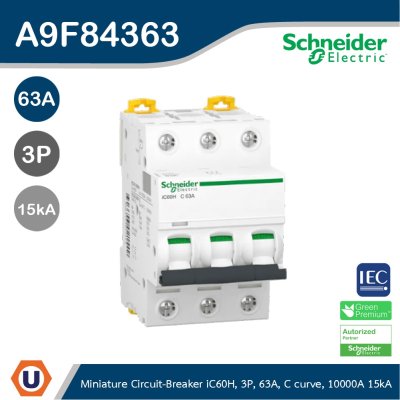 Schneider Electric Miniature circuit-breaker, Acti9 iC60H 10kA@400VAC, 3Pole, 63A | A9F84363