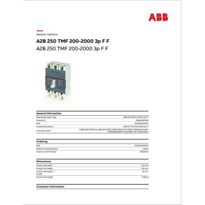 ABB 1SDA066551R1 Moulded Case Circuit Breaker FORMULA | A2B 250 TMF 200-2000 3p F F