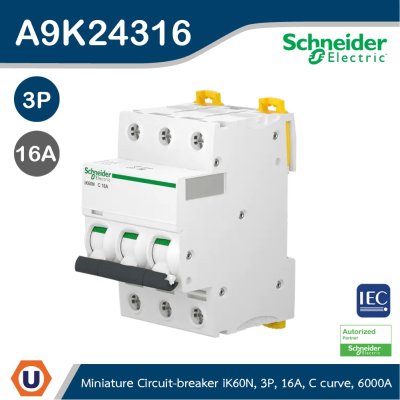 Schneider Electric Miniature Circuit-Breaker, Acti9 iK60N, 3P, 16 A, C Curve, 6000 A (IEC 60898-1) I A9K24316