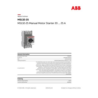 ABB | MS132-25 Manual Motor Starter Motor protective circuit breaker | 1SAM350000R1014