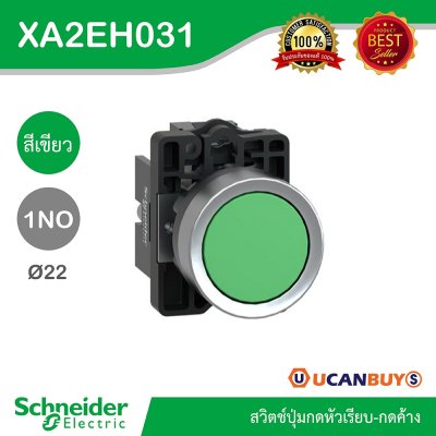 Schneider Electric สวิตช์ปุ่มกดหัวเรียบ กดค้าง ขนาด 22 mm. สีเขียว 1NO | XA2AH031
