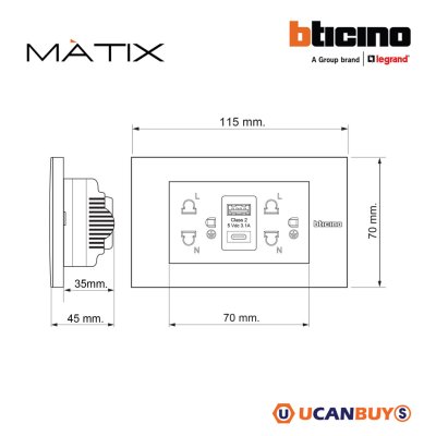 BTicino ชุดเต้ารับ USB Type A+C + เต้ารับคู่ 3ขา สีขาว รุ่น Matix | AM4185AC