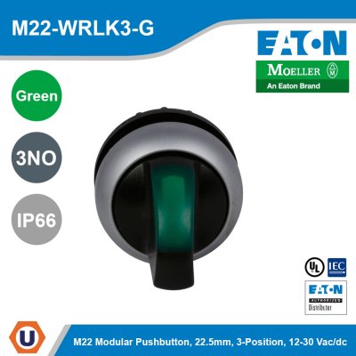 EATON M22 Modular Pushbutton Selector Switch Operator 22.5 mm. Green IP66 | M22-WRLK3-G