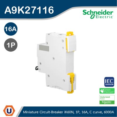 Schneider Electric Miniature Circuit-Breaker, Acti9 iK60N, 1P, 16 A, C Curve, 6000 A (IEC 60898-1) I A9K27116