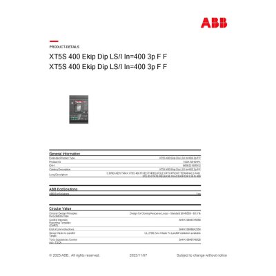 ABB Breaker Tmax XT5S 400 Ekip Dip LS/I In=400 3p F F l 1SDA100424R1