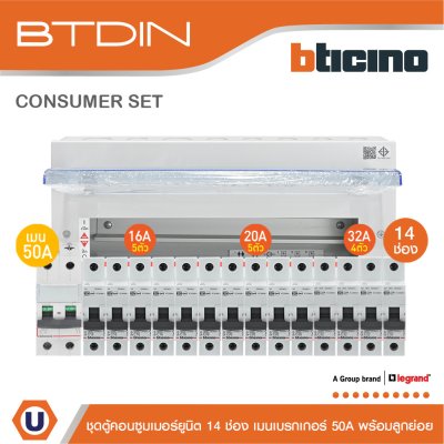 BTicino ชุดตู้คอนซูมเมอร์ยูนิต BTDIN 14ช่อง (แบบเกาะราง) พร้อมเมนเบรกเกอร์ 2P 50A + เบรกเกอร์ลูกย่อย