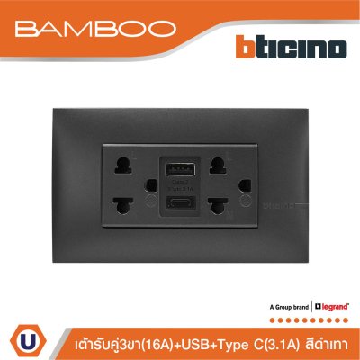 BTicino เต้ารับ USB Type A+C+เต้ารับคู่ 3ขา สีดำDuplex Socket 2P+E+USB Charger Type A+C,2Ports | Bamboo| AE4185ACGR