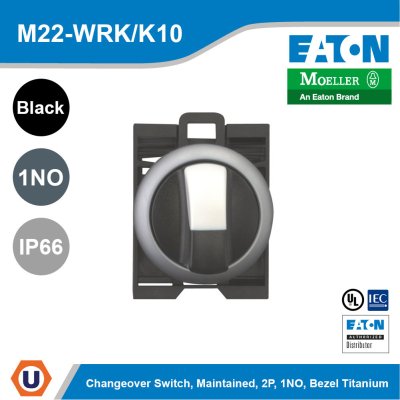 EATON Changeover Switch, RMQ-Titan, With thumb-grip, maintained, 2P, 1 NO, Bezel titanium | M22-WRK/K10