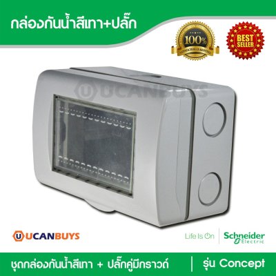 Schneider ชุดฝาครอบกันน้ำพร้อมกล่องกันน้ำ IP55 สีเทา + ปลั๊กคู่มีกราวด์ รุ่น Concept
