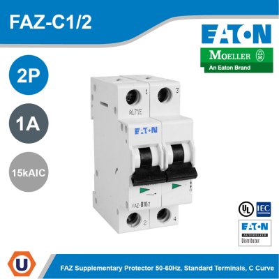 EATON Miniature Circuit Breaker FAZ Supplementary Protector 1A 15 kAIC 2 Pole | FAZ-C1/2