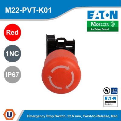 Eaton M22 Twist-To-Release Emergency Stop, Complete Device, Knob, Maintained, Bezel Silver, Red, 1NC, IP67 l M22-PVT-K01