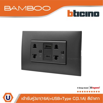 BTicino เต้ารับ USB Type A+C+เต้ารับคู่ 3ขา สีดำDuplex Socket 2P+E+USB Charger Type A+C,2Ports | Bamboo| AE4185ACGR