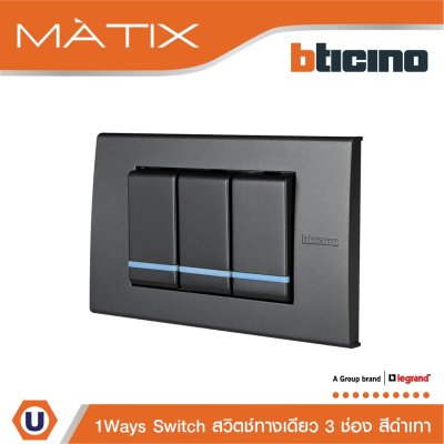 BTicino ชุดสวิตซ์ทางเดียว Size S มีพรายน้ำ พร้อมฝาครอบ 3 ช่อง สีดำ มาติกซ์ | Matix