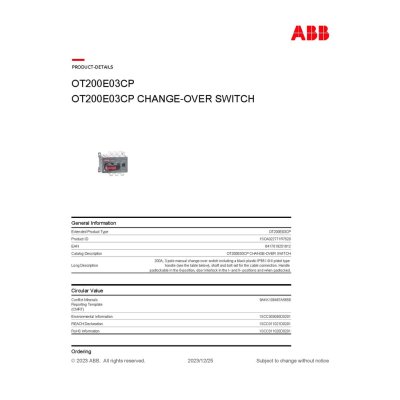 ABB Manual Change-Over Switch, 200A 3P | 1SCA022712R7520 | OT200E03CP