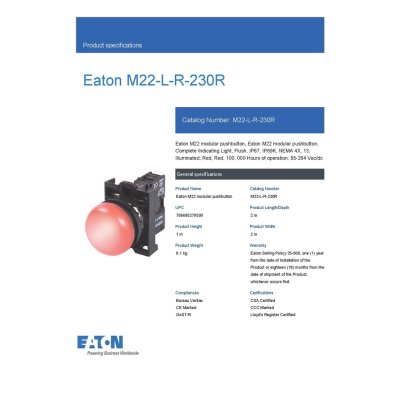 EATON Pushbutton, Complete Indicating Light, Flush, Ip67, Ip69K, Nema 4X, 13 l M22-L-R/230-R