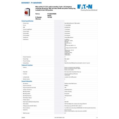 EATON Main switch,P1, 32A, surface mounting, 3P+N Emergency switching off function | P1-32/I2/SVB/N