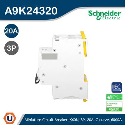 Schneider Electric Miniature Circuit-Breaker, Acti9 iK60N, 3P, 20 A, C Curve, 6000 A (IEC 60898-1) I A9K24320