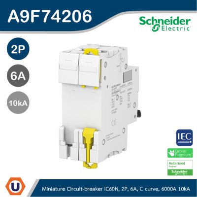 Schneider Electric Miniature circuit-breaker, Acti9 iC60N 6kA@400VAC, 2Pole, 6A | A9F74206