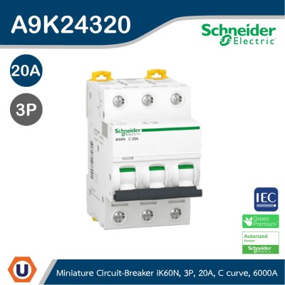 Schneider Electric Miniature Circuit-Breaker, Acti9 iK60N, 3P, 20 A, C Curve, 6000 A (IEC 60898-1) I A9K24320