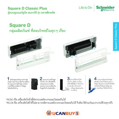 Schneider ตู้คอนซูมเมอร์ยูนิตสแควร์ (8+8 ช่องกันดูด 63A) Consumer Unit บัสบาร์แยก แบบปลั๊กออน 1 เฟส 2 สาย : S9HCL18X8R63