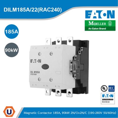 EATON Contactor,380V 400V 90 kW,2 N/0,2 N/C,RAC 240:190 - 240V 50/60 Hz,AC Operation,Screw Connection | DILM185A/22(RAC240)