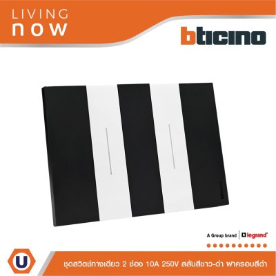 BTicino ชุดสวิตช์ทางเดียว 2 ช่อง สลับสีขาว-ดำ ฝาครอบสีดำ 1 WAY Switch 2 Gang Black-White, cover plate Black | Living Now