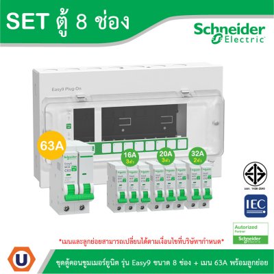 Schneider Electric ชุดตู้คอนชูมเมอร์ยูนิต รุ่น Easy9 Plug-On ขนาด 8 ช่อง + เมนเบรกเกอร์ 63A