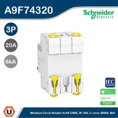 Schneider Electric Miniature circuit-breaker, Acti9 iC60N 6kA@400VAC, 3Pole, 20A | A9F74320