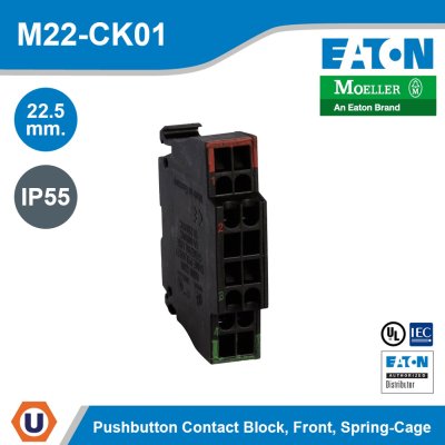 EATON M22 Pushbutton Contact Block 22.5mm. Front Spring-Cage IP55 | M22-CK01