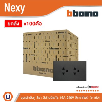 ยกลัง | BTicino ชุดเต้ารับคู่มีกราวด์ 3ขา มีม่านนิรภัย สีกราไฟต์ 16A 250V รุ่น Nexy | QG4185A