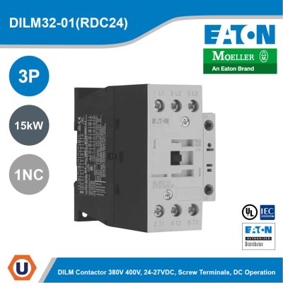 EATON Contactor 3P 380V 400V 15kW 1NC 24-27VDC DC Operation Screw Terminals | DILM32-01(RDC24)