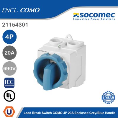 Socomec Load Break Switch COMO 4P 20A Enclosed Grey/Blue Handle | 21154301