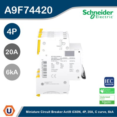 Schneider Electric Miniature circuit breaker (MCB), Acti9 iC60H 4P, 20A, C curve, 6000A, 10kA | A9F74420