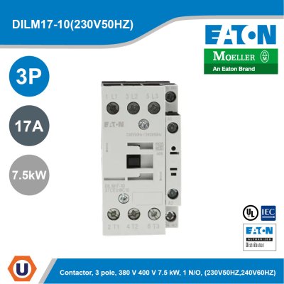 EATON Contactor, 3 pole, 380 V 400 V 7.5 kW, 1 N/O, 230 V 50 Hz, 240 V 60 Hz, AC | DILM17-10(230V50HZ,240V60HZ)