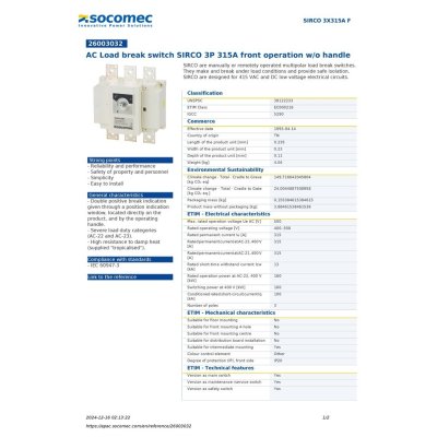 Socomec AC Load Break Switch SIRCO 3P 315A Front Operation w/o Handle | 26003032
