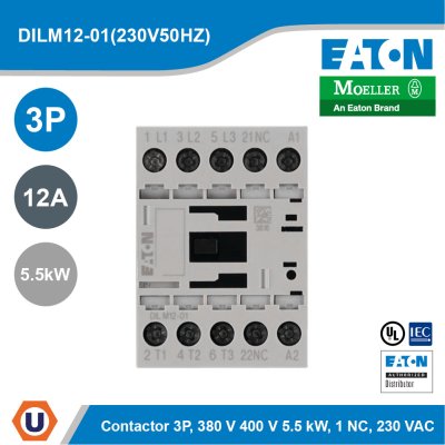 Eaton Contactor, 3 pole, 380 V 400 V 5.5 kW, 1 NC AC operation, Screw terminals | DILM12-01(230V50HZ,240V60HZ)