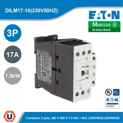 EATON Contactor, 3 pole, 380 V 400 V 7.5 kW, 1 N/O, 230 V 50 Hz, 240 V 60 Hz, AC | DILM17-10(230V50HZ,240V60HZ)