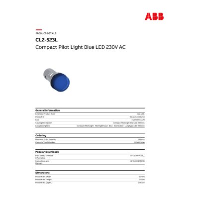 ABB Pilot lamp (with LED) ไฟเลี้ยง 230 VAC, Blue | 1SFA619403R5234 | CL2-523L