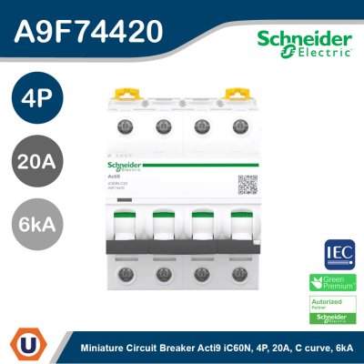 Schneider Electric Miniature circuit breaker (MCB), Acti9 iC60H 4P, 20A, C curve, 6000A, 10kA | A9F74420
