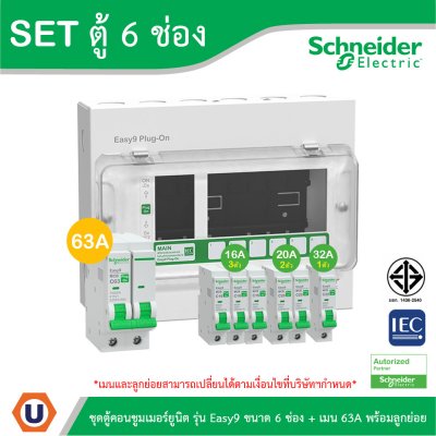 Schneider Electric ชุดตู้คอนชูมเมอร์ยูนิต รุ่น Easy9 Plug-On ขนาด 6 ช่อง + เมนเบรกเกอร์ 63A