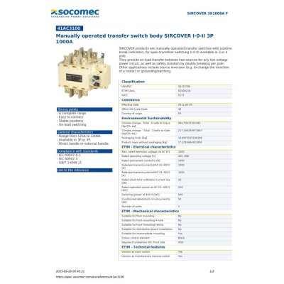 Socomec Manually Operated Transfer Switch Body SIRCOVER I-0-II 3P 1000A | 41AC3100